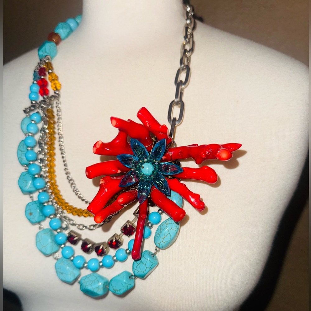 Branch Coral Crystal Faux Turquoise Multistrand Handmade Statement Necklace Set - Picture 3 of 14